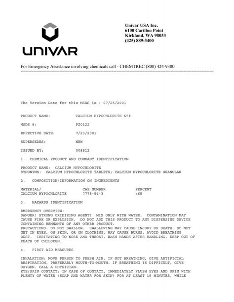 MSDS Calcium Hypochlorite Granular 65% Univar - Horizon ...