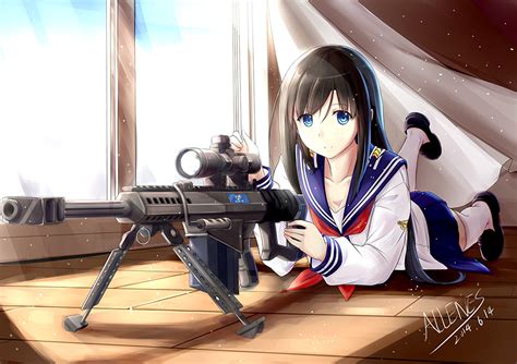 Picture rifle Anime Girls Fanart Schoolgirls Sniper rifle Telescopic