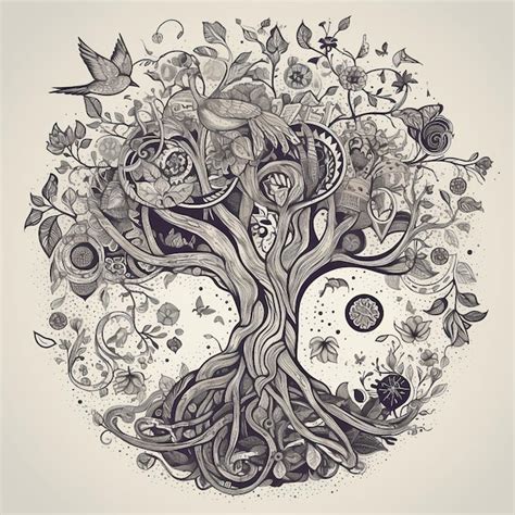 Premium AI Image | A drawing of a tree with a snake and a bird on it.