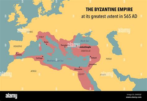 Map of Byzantine Empire at its greatest extent in 565 AD Stock Photo ...