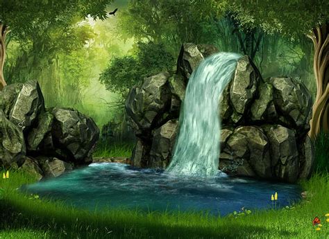 Waterfall, Forest, Tree, Pond, Artistic, HD wallpaper | Peakpx