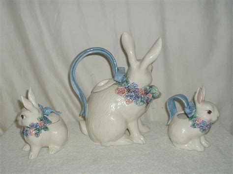 Fitz & Floyd Flora Bunny Rabbit Teapot w/Sugar & Creamer | #2068210889