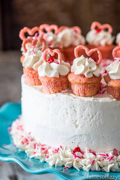 Valentine Cake {Easy Strawberry Flavored Cake with Mini Cupcakes}