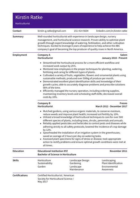 Horticulturist Resume (CV) Example and Writing Guide