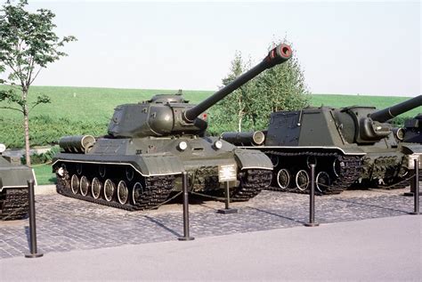 Soviet IS-2 heavy tank and ISU-152 on display at the Memorial Complex of the Ukrainian state ...