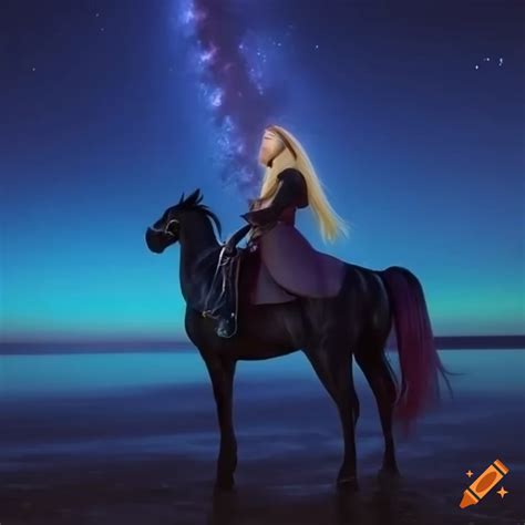Sorceress riding a black horse under the night sky on Craiyon