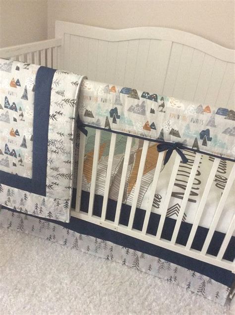 Baby Boy Crib Bedding Crib Sets Adventure Awaits Mountains Are Calling Trees Woodland Navy Mint ...