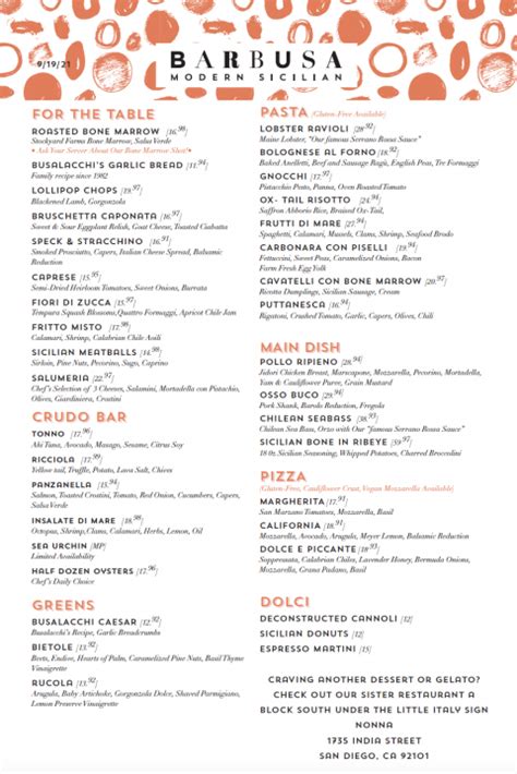 Food Menu - Little Italy Restaurant | San Diego Italian Restaurant | Barbusa