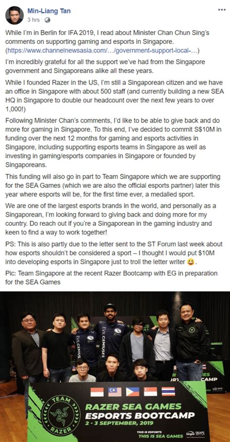 Razer Esports Singapore Gets $10 Million Support From Min-Liang Tan