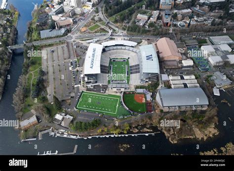 A general overall aerial view of Husky Stadium, Husky Softball Stadium, Dempsey Indoor and Hec ...