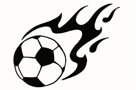 Soccer ball in fire, hand drawn simple illustration, black ball pattern with flame on white ...