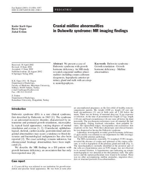 (PDF) Cranial midline abnormalities in Dubowitz syndrome: MR imaging findings | Zuhal Erdem ...