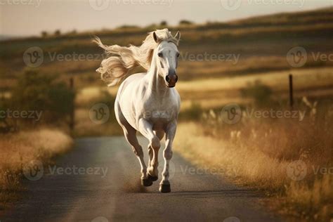 White horse running running along a sandy road on summer sunset background, created with ...