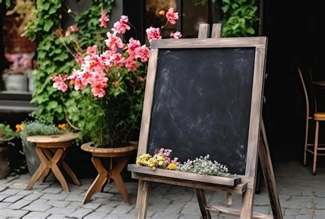 Premium AI Image | Blank shop sign or menu board near the entrance to flower shop or cafe