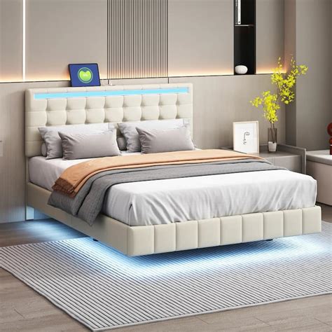 Queen Size Floating Bed Frame with LED Lights and USB Charging - Bed ...