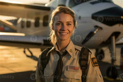 smiling female pilot standing in front of airplane with Generative AI ...