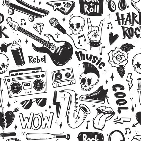 Rock n roll, punk music seamless pattern. Graffiti, tattoo hand drawn style element, skull ...