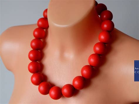 Red beaded necklace, Large red bead necklace, Wooden beads necklace, Red wood bead necklace ...