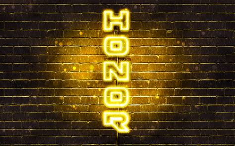 Download wallpapers 4K, Honor yellow logo, vertical text, yellow brickwall, Honor neon logo ...