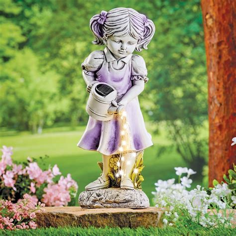 Hand-Painted Girl with Solar Watering Can Garden Statue | Collections Etc.