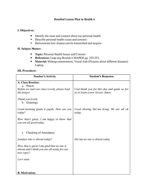 Detailed Lesson Plan in Health 6 - Objectives: Identify the issue and concern about our personal ...