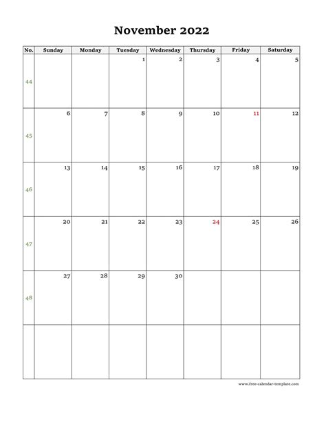 Free Monthly Calendar Template 2022 November - Printable Templates Free