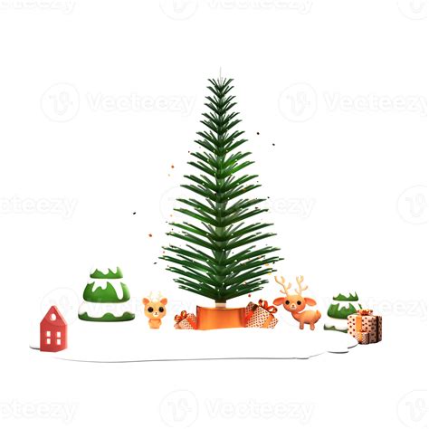 3D Render of Xmas Trees, Reindeers and Gift Boxes for Merry Christmas Celebrations. 23560499 PNG