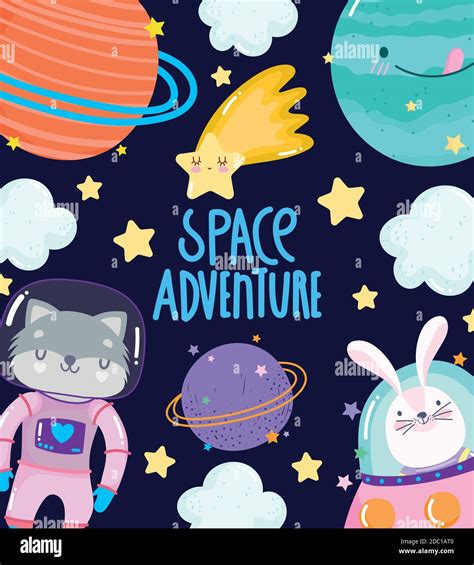 cute astronaut animals with suit planets and stars space adventure galaxy cartoon vector ...