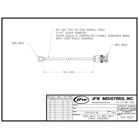 50 Ohm RF Cable SMA male/BNC male | 016-872-XX - JFW Industries