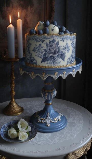 Premium AI Image | A blue cake with a floral design on the front.