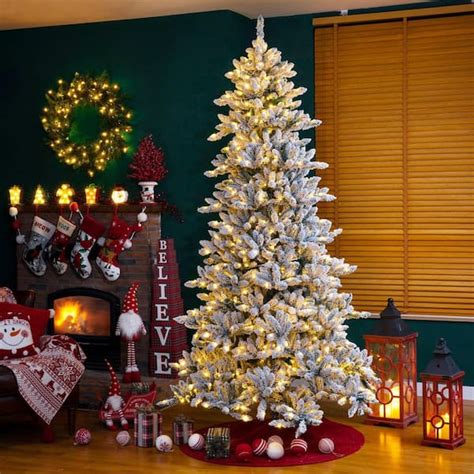 Glitzhome 9 ft. Pre-Lit Snow Flocked Fir Artificial Christmas Tree with 650 Warm White Lights ...