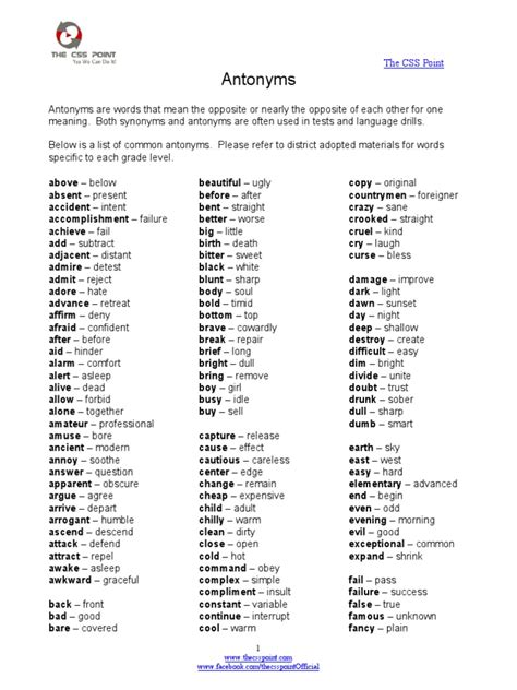 Antonyms: A List of Common Opposite Words | PDF