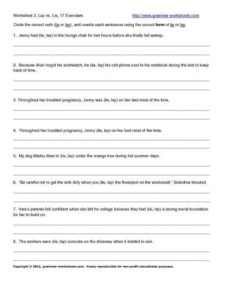 Worksheet 2: Lay vs. Lie Worksheet for 6th - 8th Grade | Lesson Planet