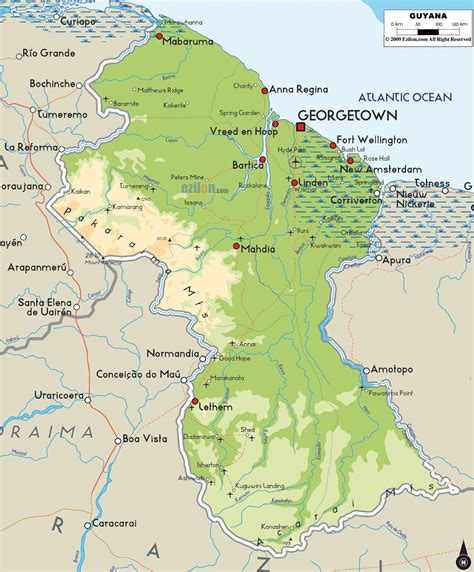 Large detailed physical map of Guyana with cities and airports. Guyana physical map with cities ...