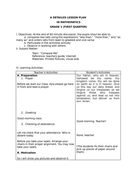 A Detailed Lesson PLAN IN Mathematics 1 - A DETAILED LESSON PLAN IN MATHEMATICS GRADE 1 (FIRST ...