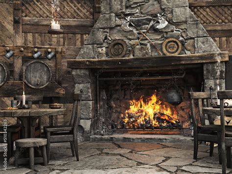 Fantasy medieval tavern inn background with large fireplace. 3d rendering Stock Illustration ...