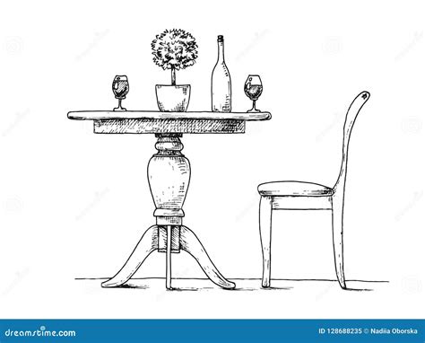 Part of the Dining Room. Round Table and Chairs.on the Table Vase of Flowers. Hand Drawn Sketch ...