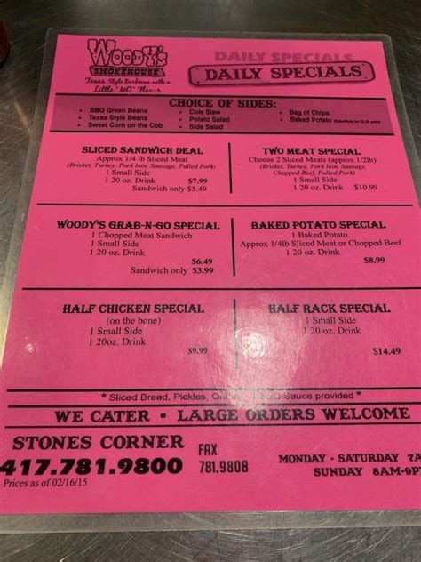 Menu at Woody’s Smokehouse BBQ, Joplin