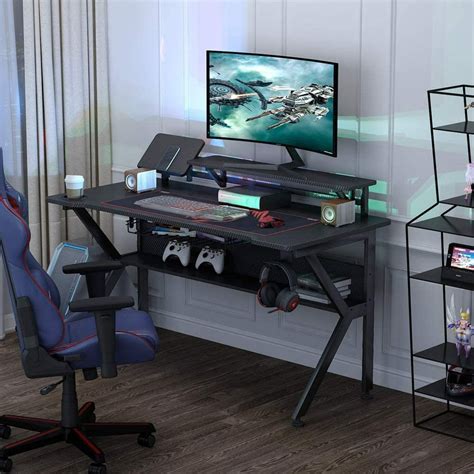 Gaming Desk 47 inch PC Computer Desk, Home Office Desk Gaming Table K Shaped Gamer Workstation ...