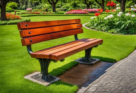 A wooden park bench in a botanical garden with trees and flowers as well as intricate details ...