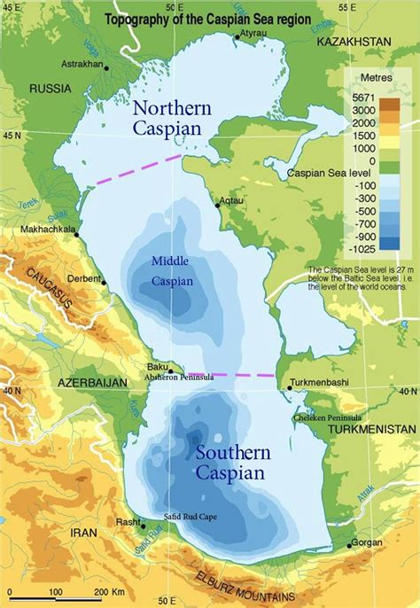 Map of the Caspian Sea. Dashed lines indicate the division into... | Download Scientific Diagram