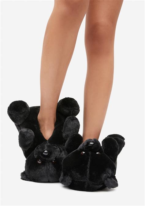 Fuzzy Teddy Bear Slippers - Black | Dolls Kill