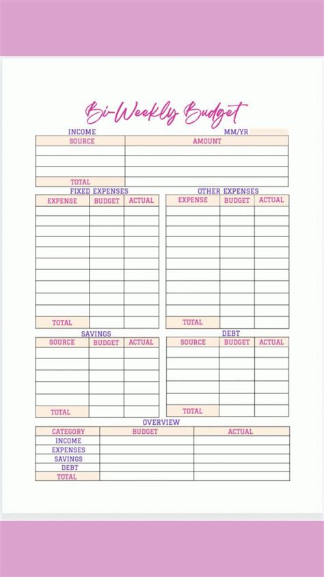 the printable weekly budget sheet is shown in pink and white, with text on it