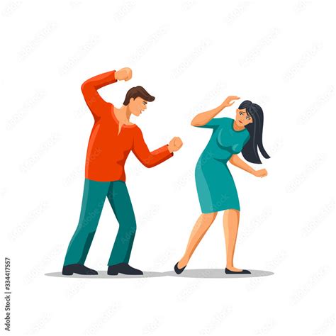 Angry cartoon abuser man hitting fear woman vector graphic illustration. Scared female victim of ...