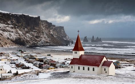 landscape, Church, Cliff, Sea, Snow, Winter, Iceland, Vik Wallpapers HD ...