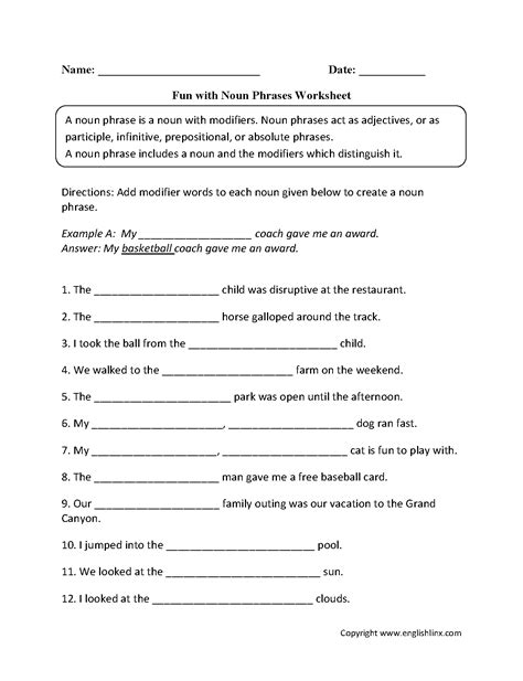 Noun Phrases Worksheets For Kids