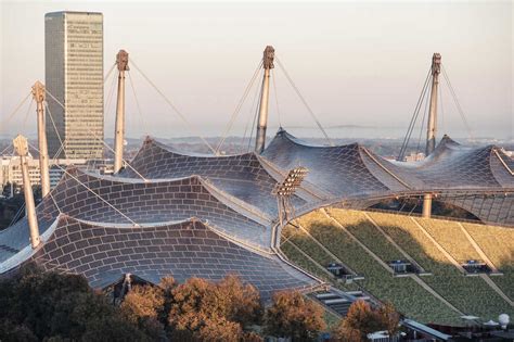 Germany, Munich, Olympic Park, Olympic Stadium, tent roof construction in the morning light ...