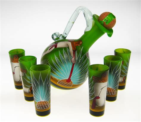 Shot Glass Tequila Bottle Set, Agave Digger Design, Green Yellow, Set of 6