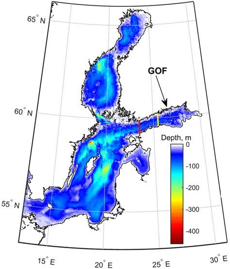 The bathymetry of the Baltic Sea. Red line – open boundary of the model... | Download Scientific ...