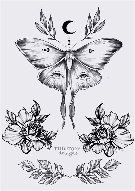 Lunar Moth & Floral Tattoo Fine Line Design Style Wall Art | Etsy